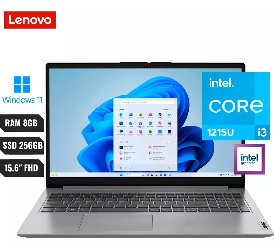 NOTEBOOK LENOVO IDEAPAD 1 CLOUD GREY | 15,6" Pantalla Tactil FHD | Intel I3-1215u | 8Gb RAM | 256GB SSD MM2 | WIN 11